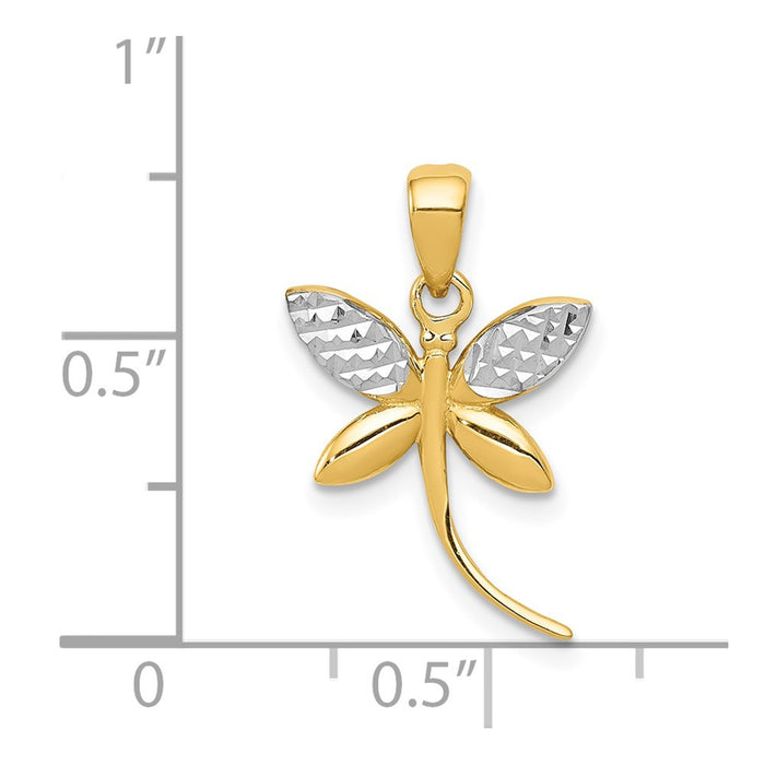 Million Charms 14K Yellow Gold Themed With Rhodium-plated Diamond-Cut, Polished Dragonfly Pendant
