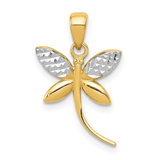 Million Charms 14K Yellow Gold Themed With Rhodium-plated Diamond-Cut, Polished Dragonfly Pendant