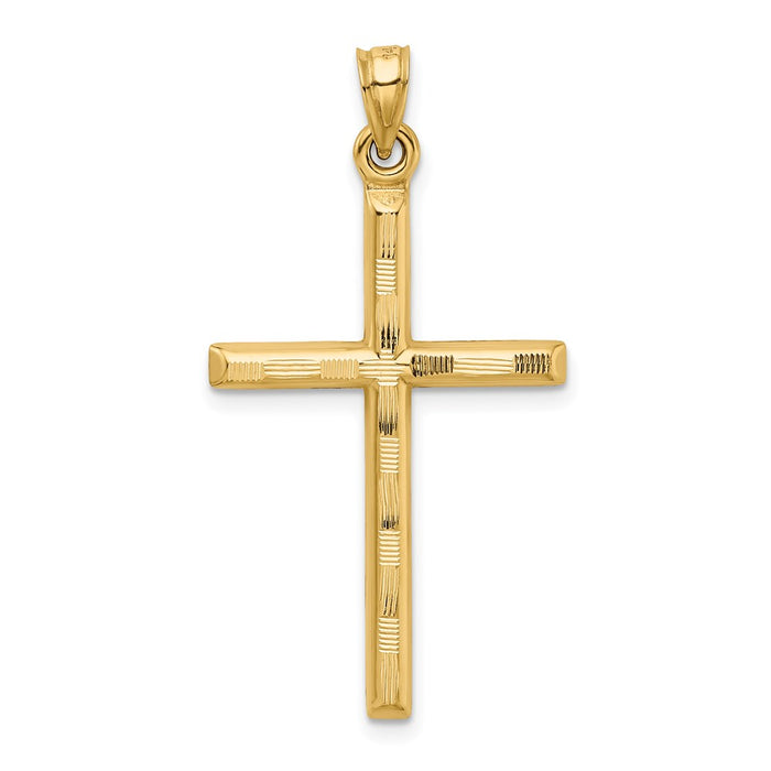 Million Charms 14K Yellow Gold Themed Hollow Diamond-Cut Relgious Cross Pendant