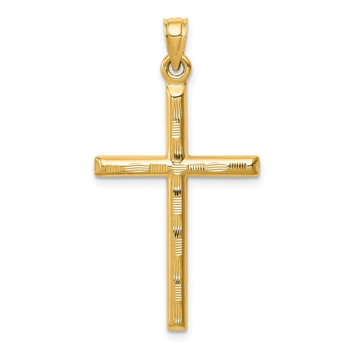 Million Charms 14K Yellow Gold Themed Hollow Diamond-Cut Relgious Cross Pendant