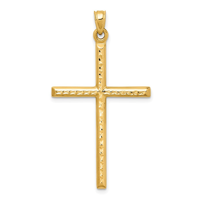 Million Charms 14K Yellow Gold Themed Hollow Diamond-Cut Relgious Cross Pendant