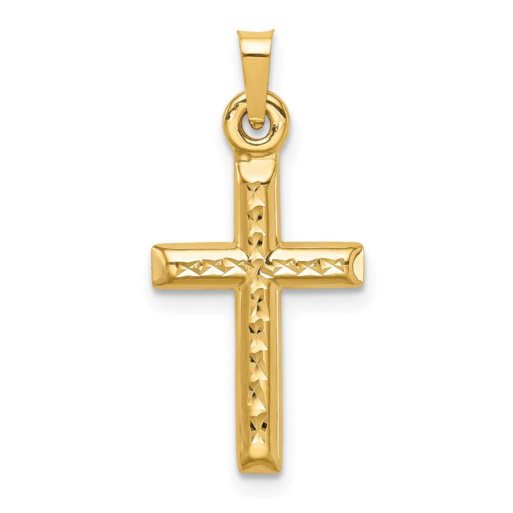 Million Charms 14K Yellow Gold Themed Hollow Diamond-Cut Relgious Cross Pendant