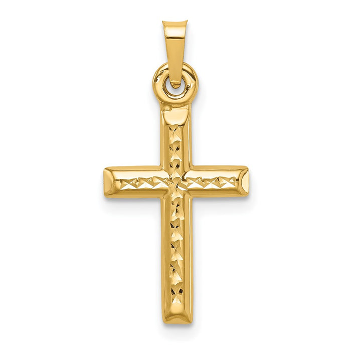 Million Charms 14K Yellow Gold Themed Hollow Diamond-Cut Relgious Cross Pendant