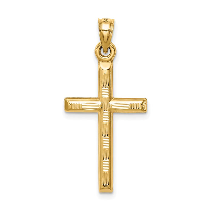 Million Charms 14K Yellow Gold Themed Hollow Diamond-Cut Relgious Cross Pendant
