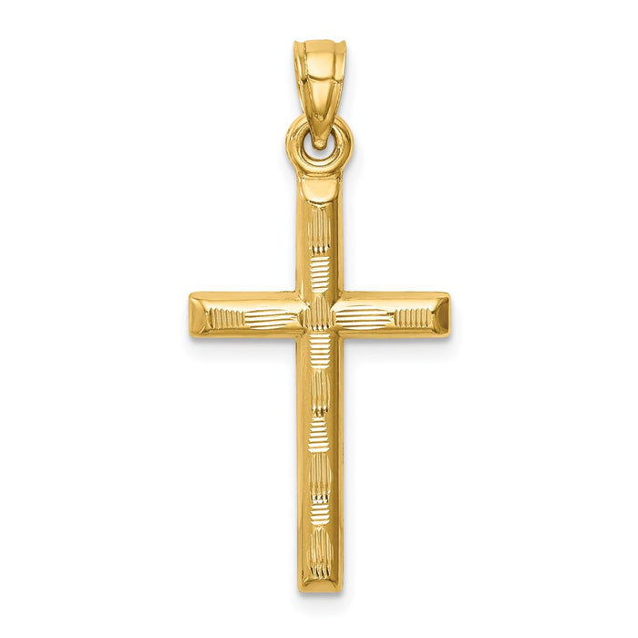 Million Charms 14K Yellow Gold Themed Hollow Diamond-Cut Relgious Cross Pendant