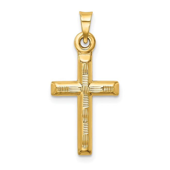 Million Charms 14K Yellow Gold Themed Hollow Diamond-Cut Relgious Cross Pendant