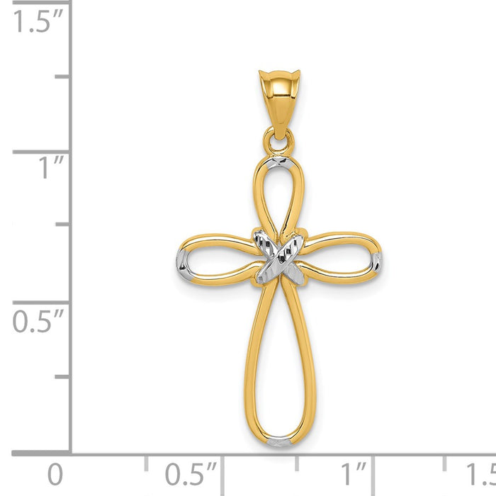 Million Charms 14K Yellow Gold Themed With Rhodium-plated Polished Diamond-Cut Relgious Cross Pendant