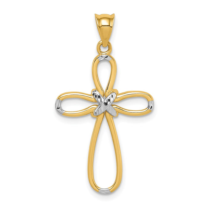 Million Charms 14K Yellow Gold Themed With Rhodium-plated Polished Diamond-Cut Relgious Cross Pendant