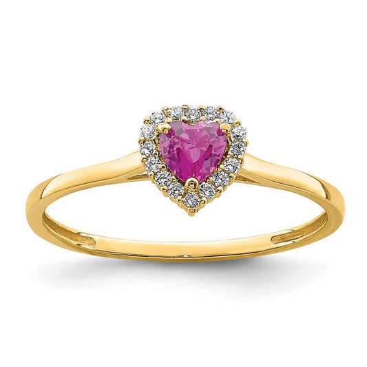 14k Yellow Gold Heart Pink and Clear CZ Ring, Size: 7