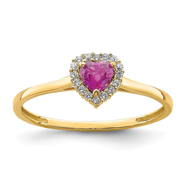 14k Yellow Gold Heart Pink and Clear CZ Ring, Size: 7