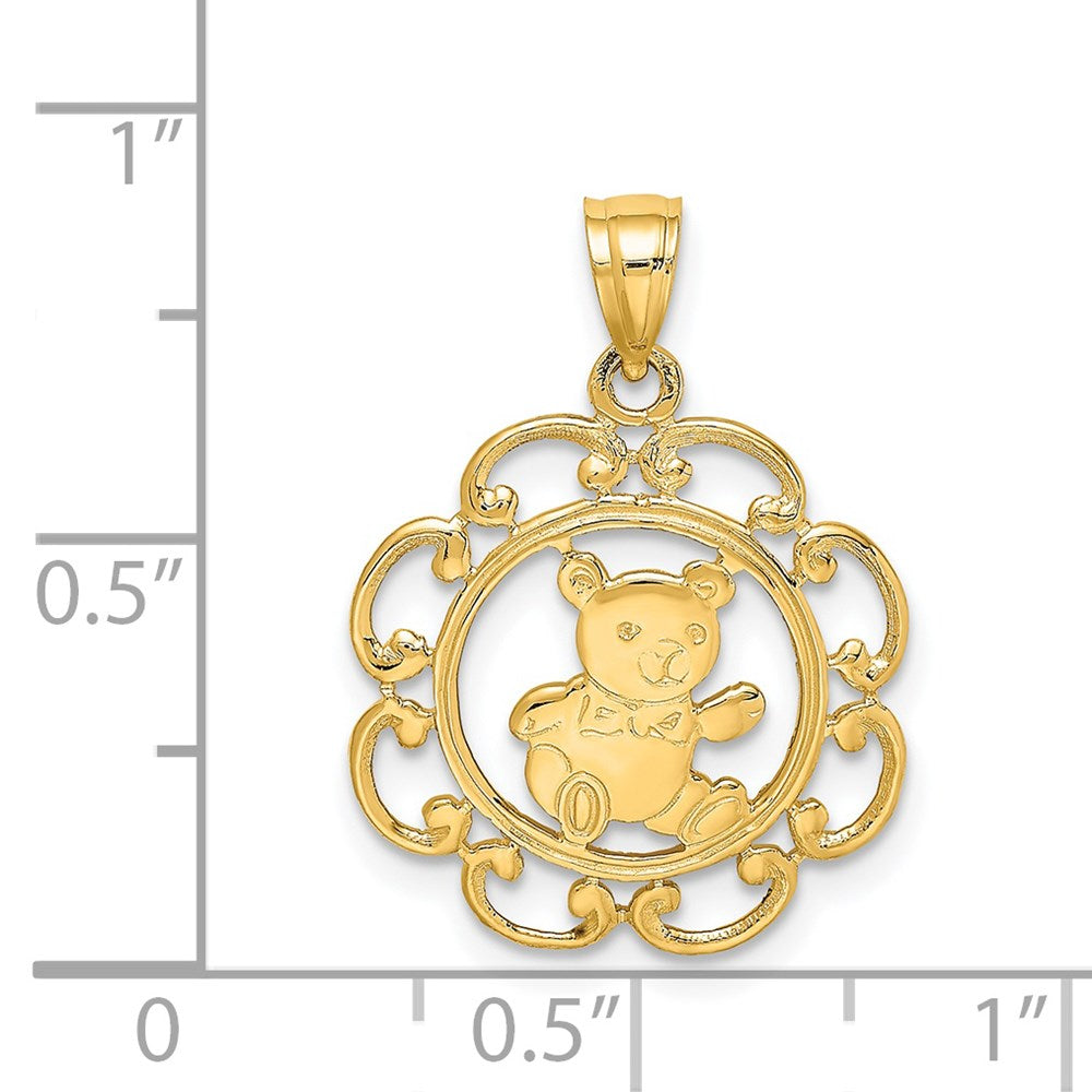 Million Charms 14K Yellow Gold Themed Teddy Bear In Scalloped Circle Charm
