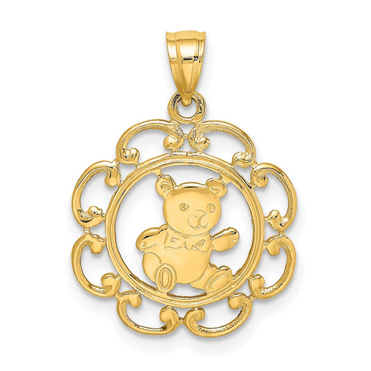 Million Charms 14K Yellow Gold Themed Teddy Bear In Scalloped Circle Charm
