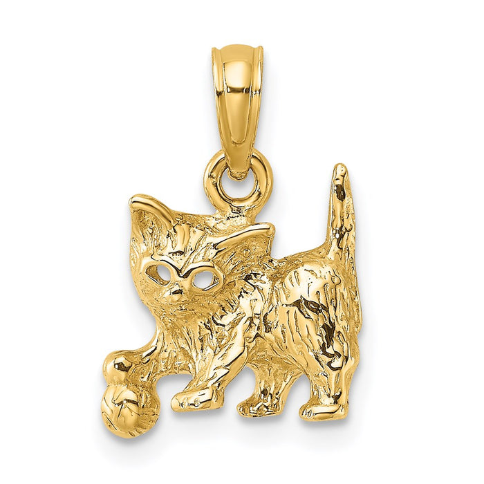 Million Charms 14K Yellow Gold Themed 2-D Cat With Ball Charm