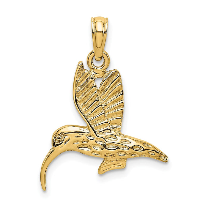 Million Charms 14K Yellow Gold Themed 2-D & Textured Hummingbird Flying Charm