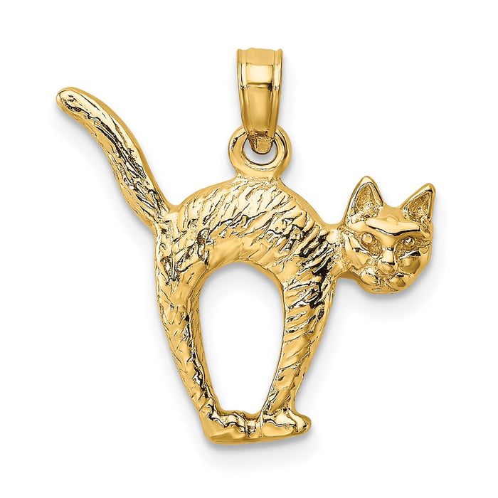 Million Charms 14K Yellow Gold Themed 3-D Textured Arch Back & Raised Tail Cat Charm