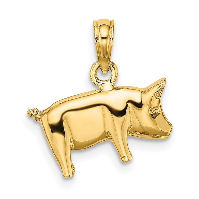 Million Charms 14K Yellow Gold Themed 3-D Polished Pig With Curly Tail Charm