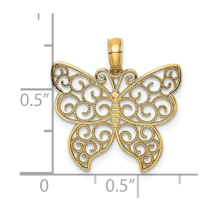 Million Charms 14K Yellow Gold Themed Beaded Filigree Small Butterfly Charm