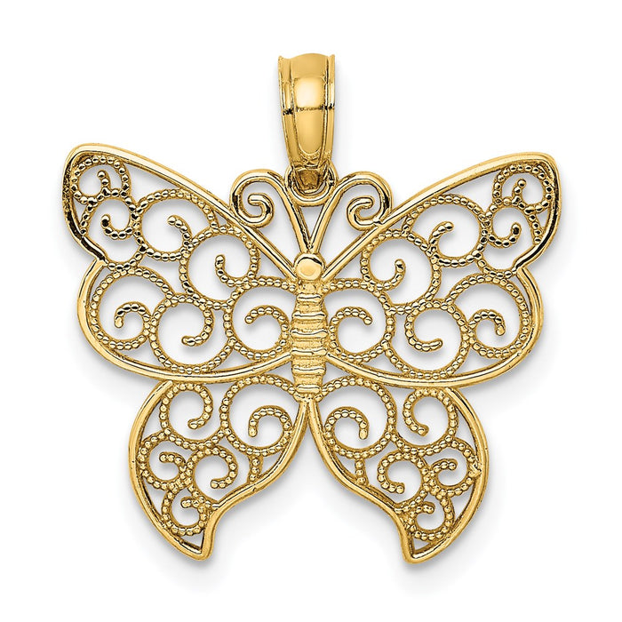 Million Charms 14K Yellow Gold Themed Beaded Filigree Small Butterfly Charm