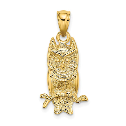 Million Charms 14K Yellow Gold Themed 2-D Textured Owl Charm