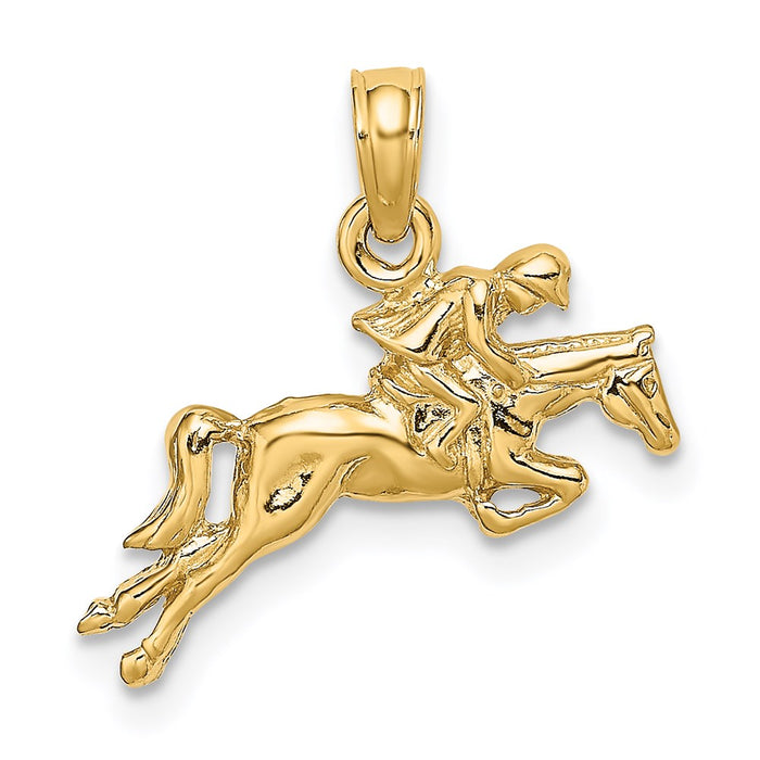 Million Charms 14K Yellow Gold Themed 2-D Jockey On Horse Jumping Charm