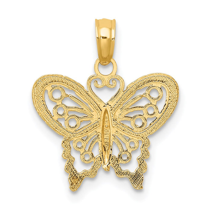 Million Charms 14K Yellow Gold Themed Polished & Textured Filigree Butterfly Charm