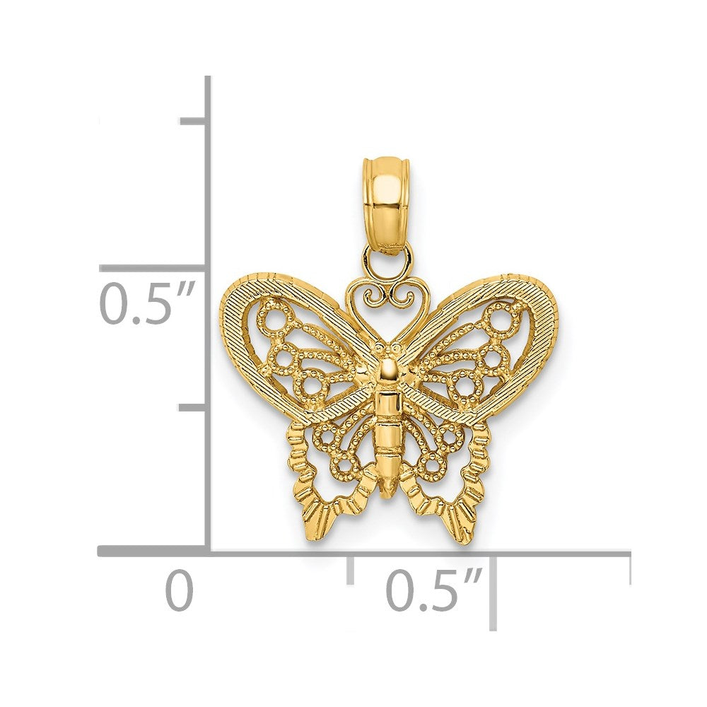 Million Charms 14K Yellow Gold Themed Polished & Textured Filigree Butterfly Charm