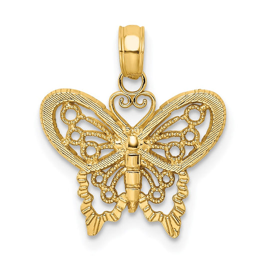 Million Charms 14K Yellow Gold Themed Polished & Textured Filigree Butterfly Charm