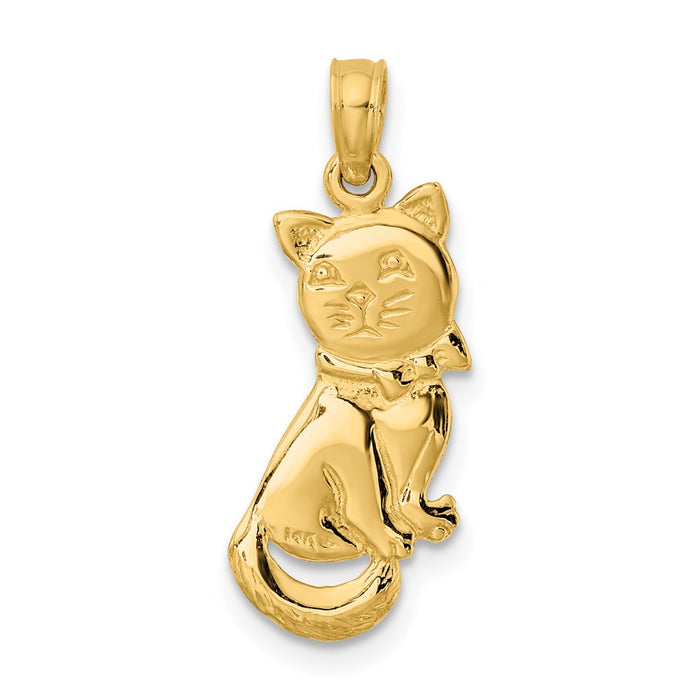 Million Charms 14K Yellow Gold Themed 3-D Polished & Bow Sitting Cat Charm