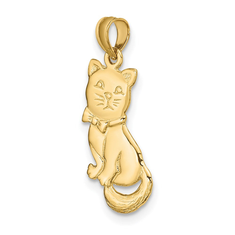 Million Charms 14K Yellow Gold Themed 3-D Polished & Bow Sitting Cat Charm