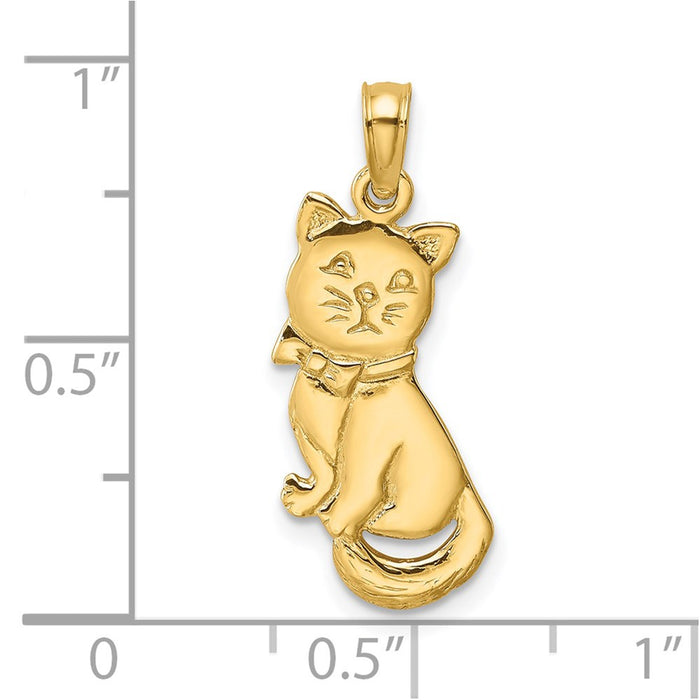 Million Charms 14K Yellow Gold Themed 3-D Polished & Bow Sitting Cat Charm