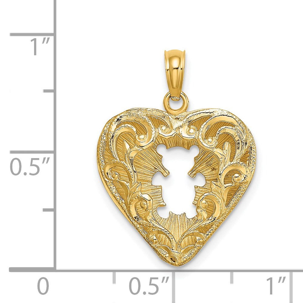 Million Charms 14K Yellow Gold Themed 3-D Teddy Bear Heart With Lace & Cut-Out Reversible Charm