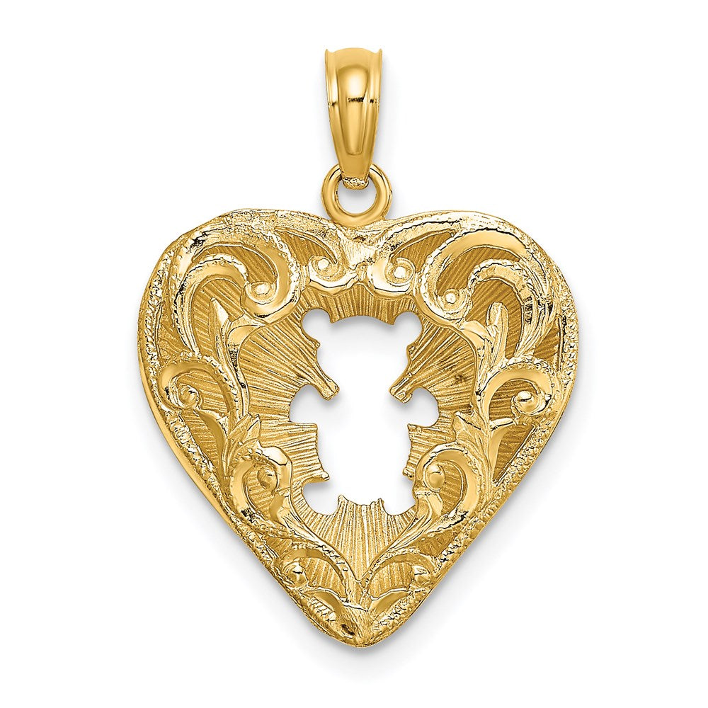 Million Charms 14K Yellow Gold Themed 3-D Teddy Bear Heart With Lace & Cut-Out Reversible Charm