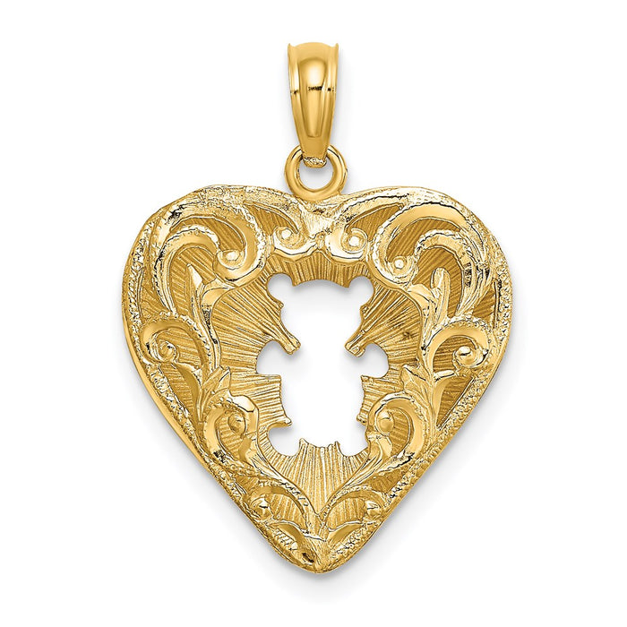 Million Charms 14K Yellow Gold Themed 3-D Teddy Bear Heart With Lace & Cut-Out Reversible Charm