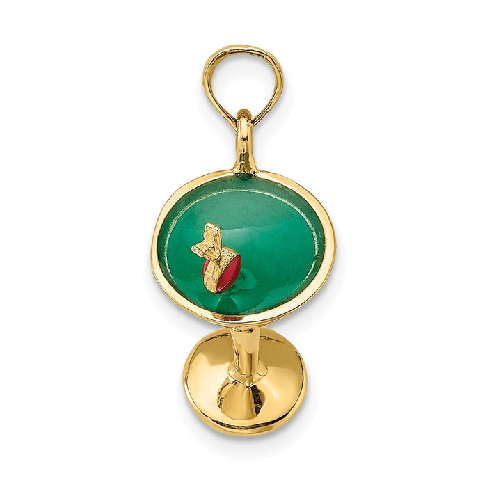 Million Charms 14K Yellow Gold Themed 3-D Green Enamel Martini With Cherry Charm