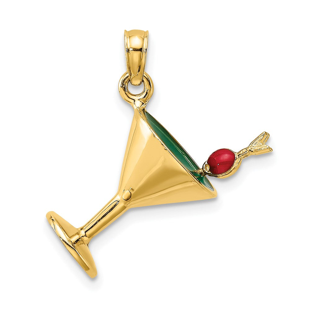 Million Charms 14K Yellow Gold Themed 3-D Green Enamel Martini With Cherry Charm