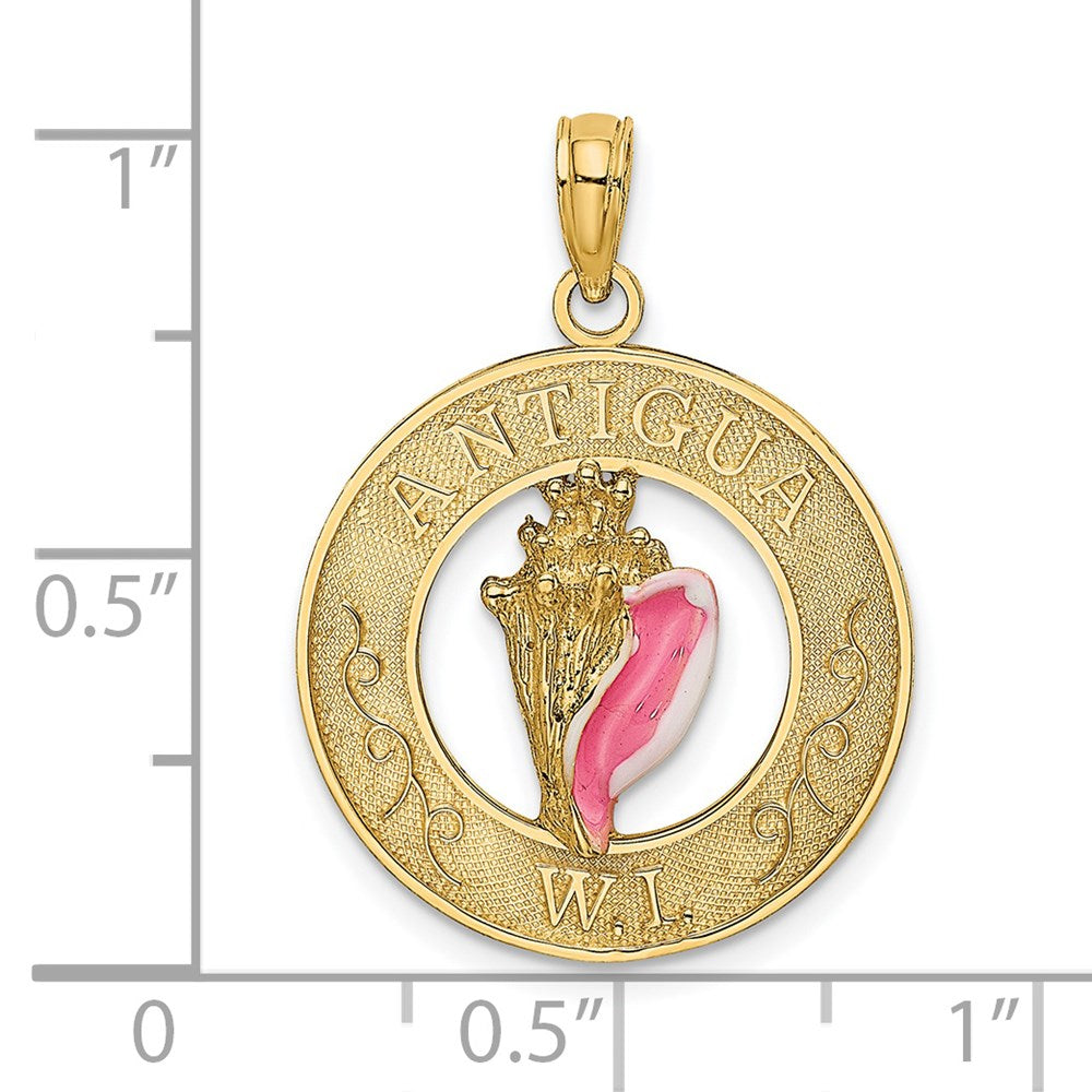 Million Charms 14K Yellow Gold Themed Antigua, Wi On Round Frame With Enamel Conch Shell Charm