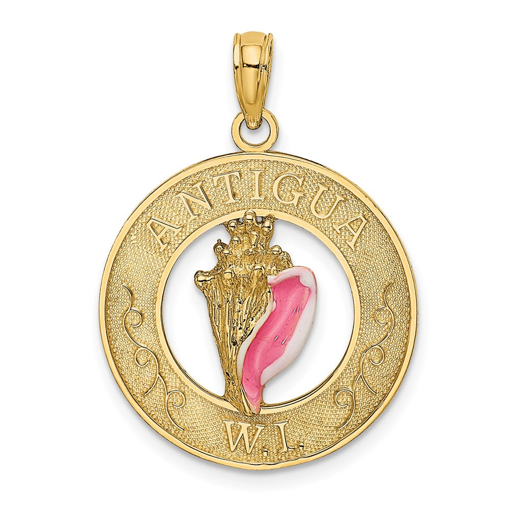 Million Charms 14K Yellow Gold Themed Antigua, Wi On Round Frame With Enamel Conch Shell Charm