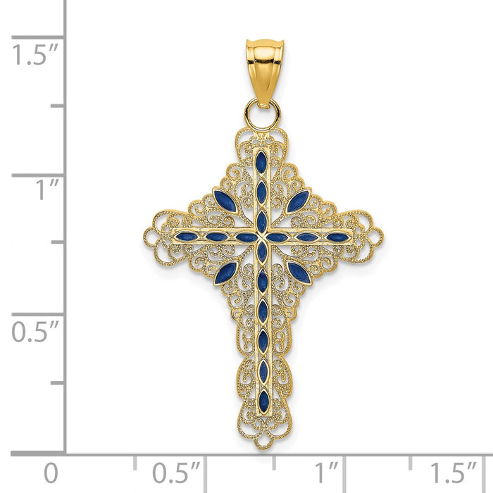 Million Charms 14K Yellow Gold Themed Blue Enamel Filigree Relgious Cross Charm