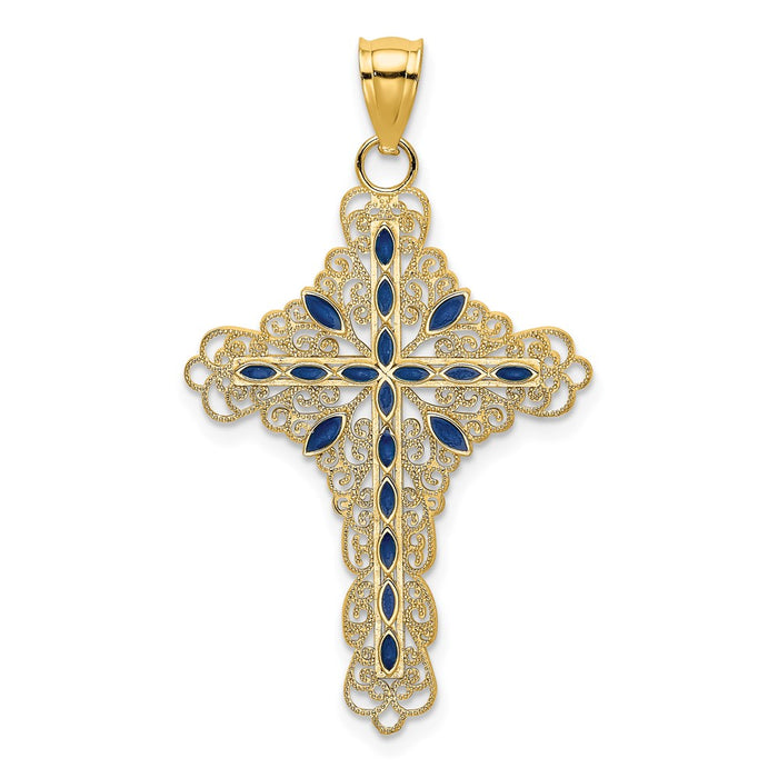 Million Charms 14K Yellow Gold Themed Blue Enamel Filigree Relgious Cross Charm