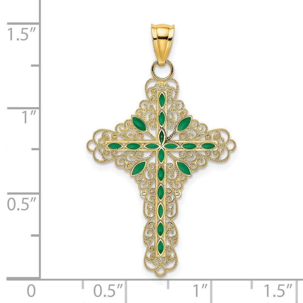 Million Charms 14K Yellow Gold Themed Green Enamel Filigree Relgious Cross Charm