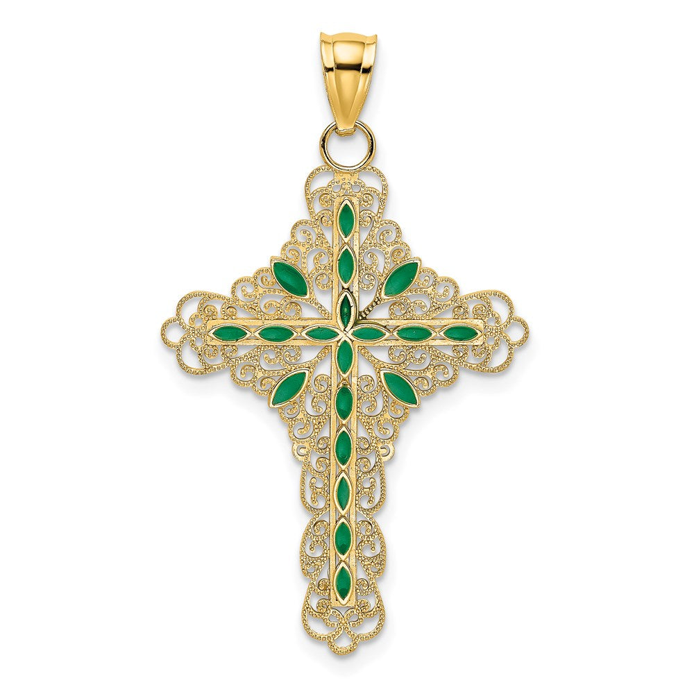 Million Charms 14K Yellow Gold Themed Green Enamel Filigree Relgious Cross Charm