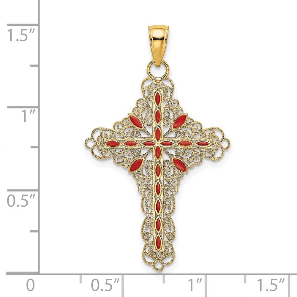 Million Charms 14K Yellow Gold Themed Red Enamel Filigree Relgious Cross Charm