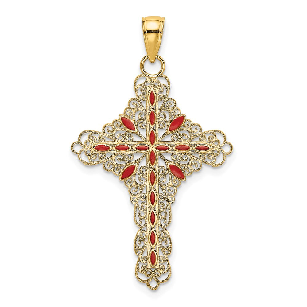 Million Charms 14K Yellow Gold Themed Red Enamel Filigree Relgious Cross Charm