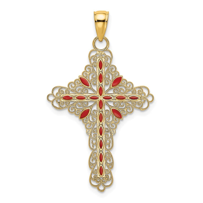 Million Charms 14K Yellow Gold Themed Red Enamel Filigree Relgious Cross Charm