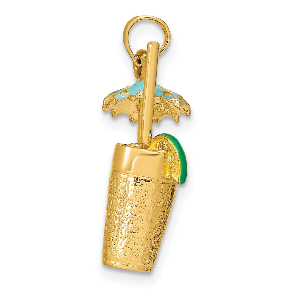 Million Charms 14K Yellow Gold Themed 3-D Cocktail Drink With Enamel Umbrella & Lime Charm