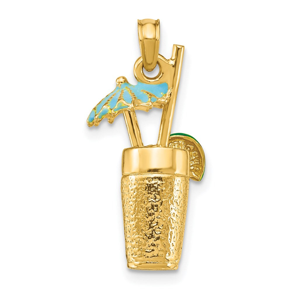Million Charms 14K Yellow Gold Themed 3-D Cocktail Drink With Enamel Umbrella & Lime Charm