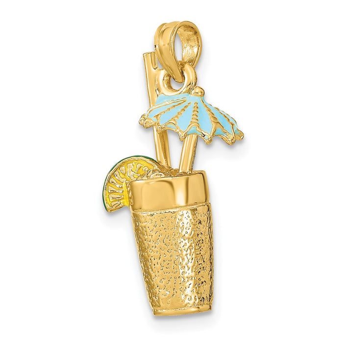 Million Charms 14K Yellow Gold Themed 3-D Cocktail Drink With Enamel Umbrella & Lime Charm