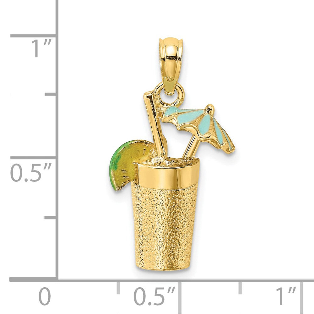 Million Charms 14K Yellow Gold Themed 3-D Cocktail Drink With Enamel Umbrella & Lime Charm