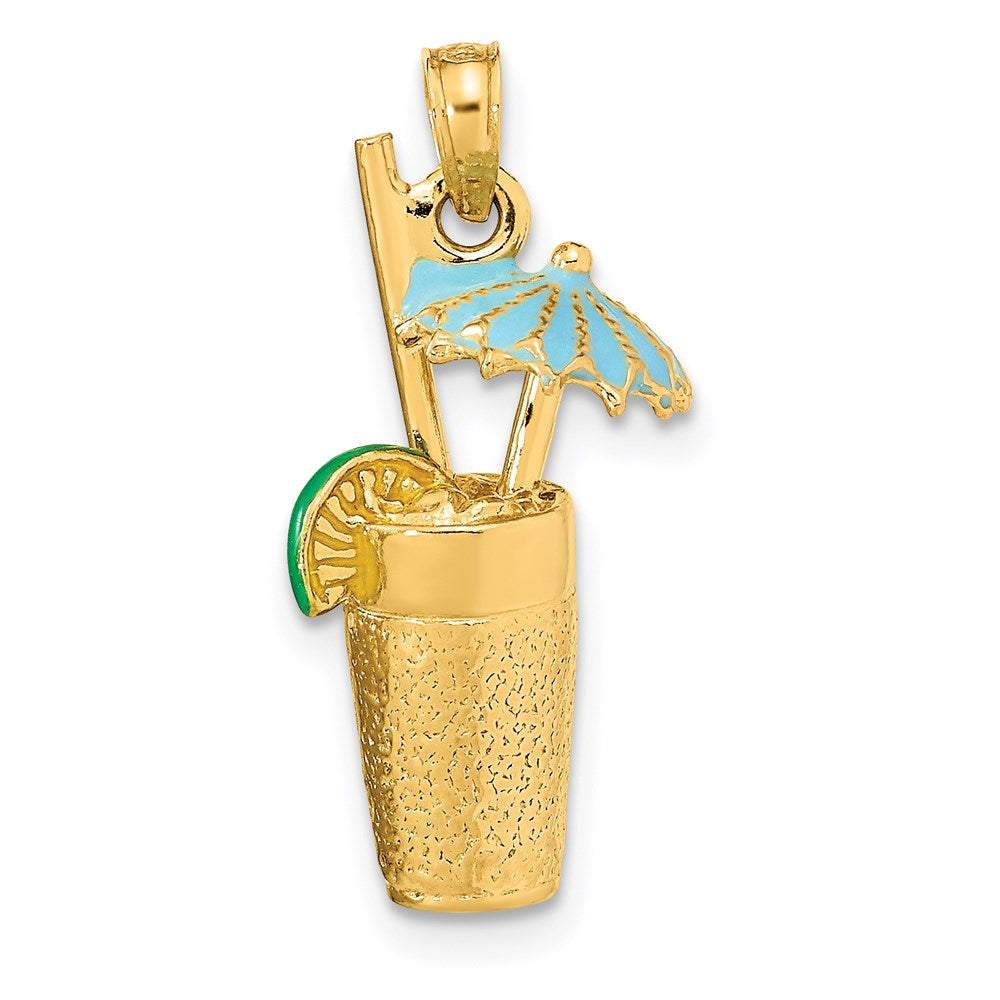 Million Charms 14K Yellow Gold Themed 3-D Cocktail Drink With Enamel Umbrella & Lime Charm