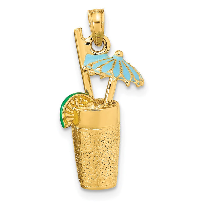 Million Charms 14K Yellow Gold Themed 3-D Cocktail Drink With Enamel Umbrella & Lime Charm